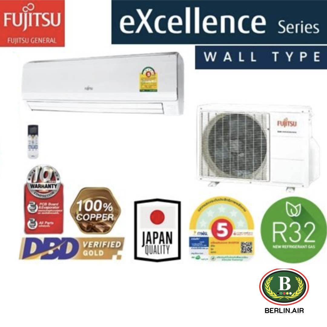 แอร์ Fujitsu ติดผนัง (Wall Type) เบอร์ 5 น้ำยา R32 รุ่น Exellence ขนาด 13,906BTU